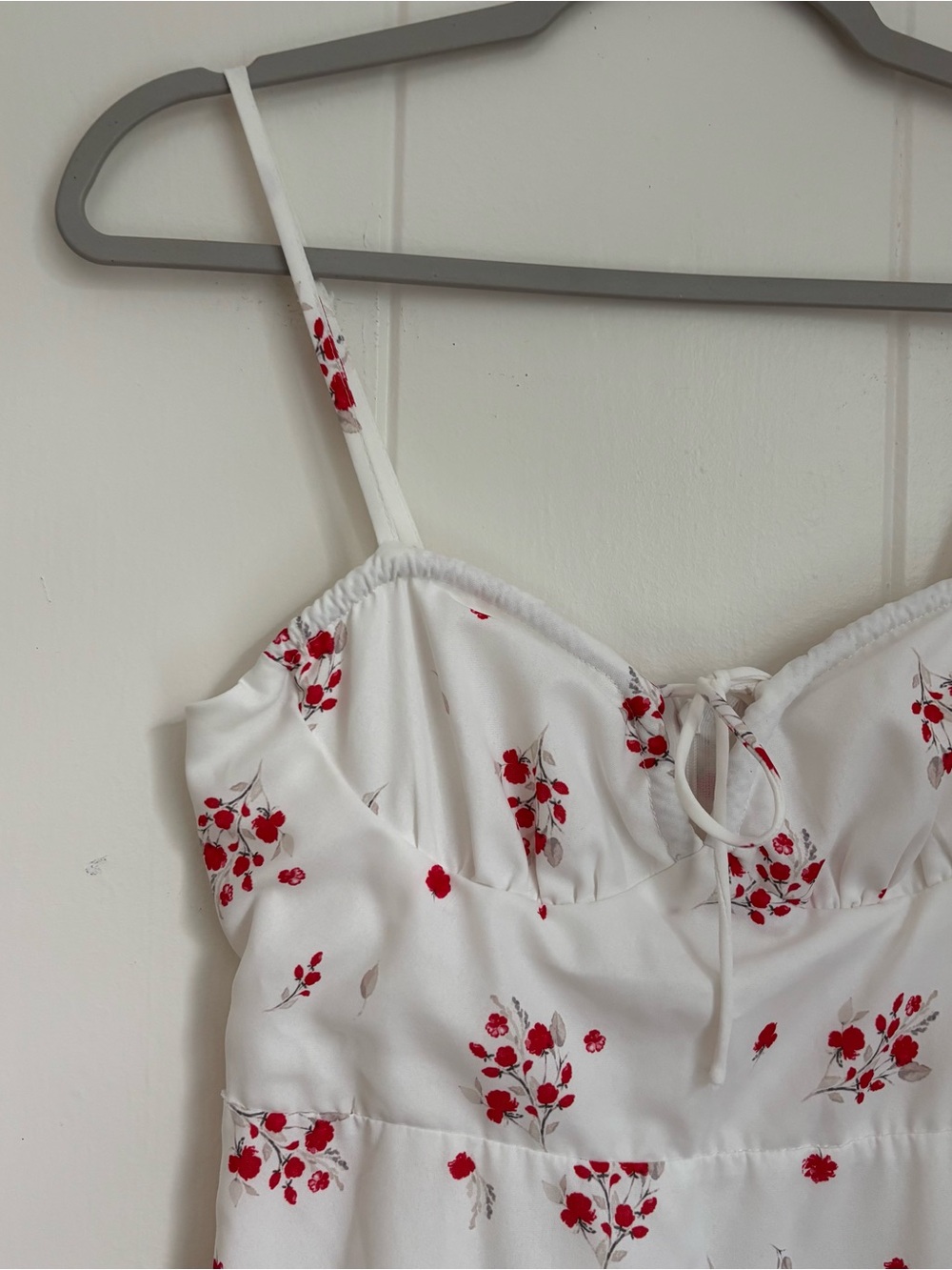 White Spaghetti Strap Mini Dress with Red Floral Print - Picture 4 of 6